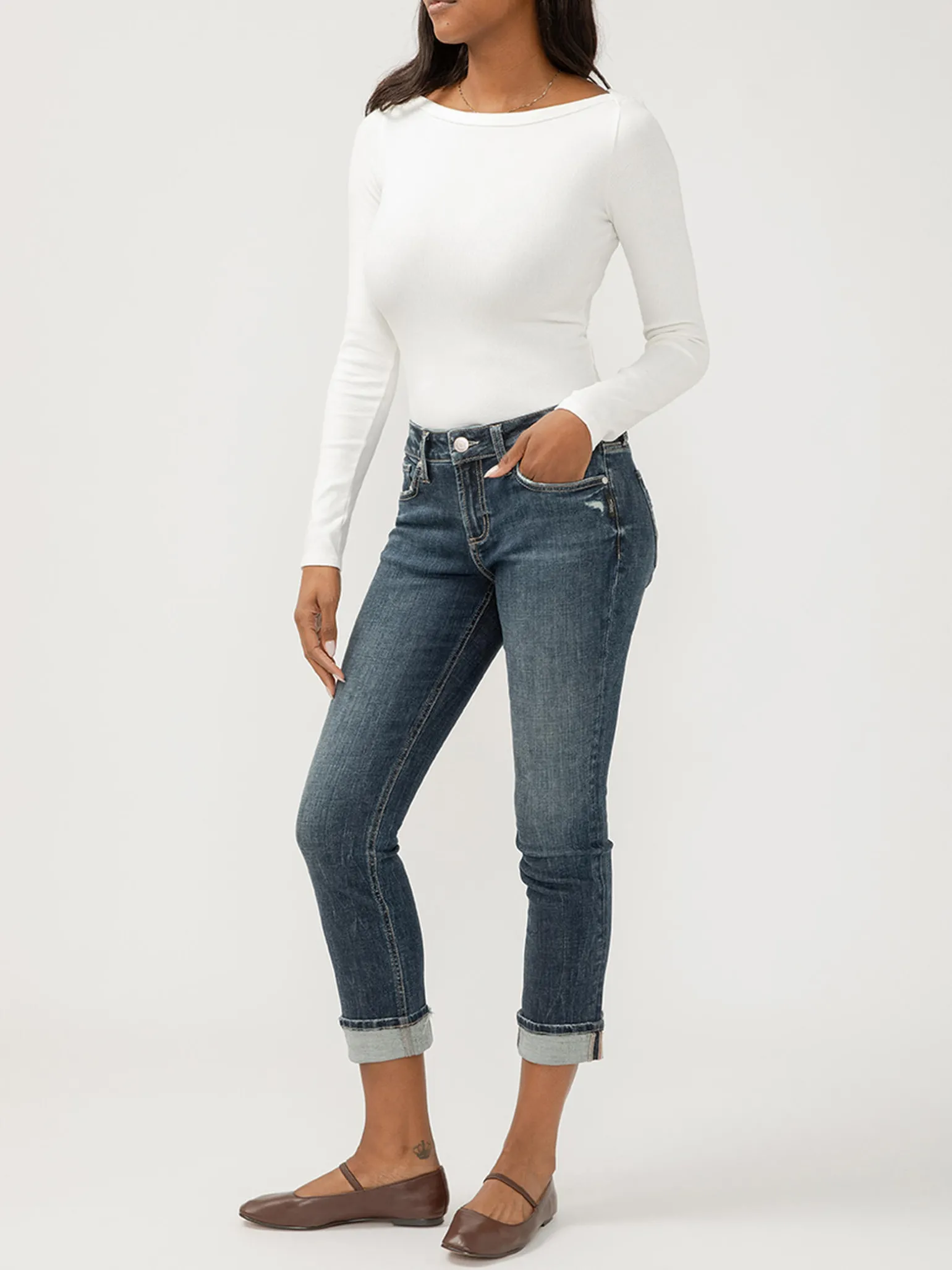 Suki Mid Rise Cropped Straight Leg Jeans